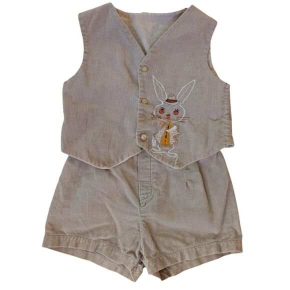 70s Kids Tan Corduroy‎ Embroidered Bunny Short Suit Outfit Vest - Picture 2 of 8